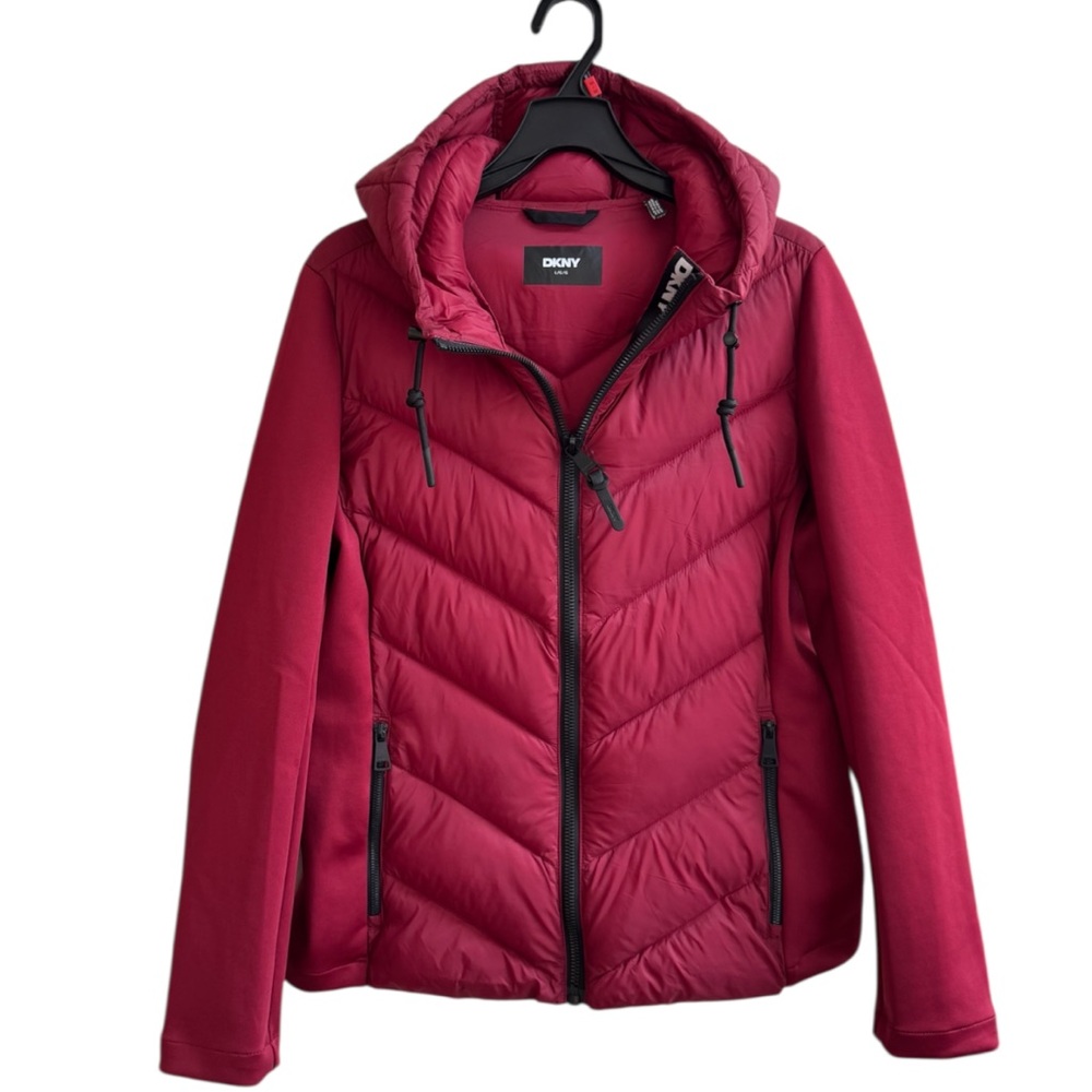 DKNY Womens Mixed Media Hooded Puffer Jacket